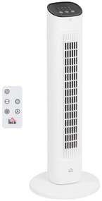 HOMCOM Ventoinha de Coluna 50W com Controlo Remoto com 3 Velocidades Temporizador 15h Oscilação 85° Ecrã LED 30x30x78 cm Branco
