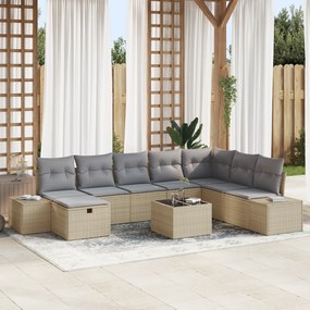 Conjunto de Sofá de Jardim de 9 Peças com Almofadas Bege de Rattan