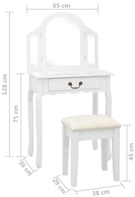 Toucador c/ banco 65x36x128 cm MDF e madeira paulownia branco