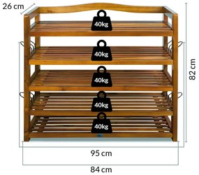 Sapateira em madeira de acácia com 5 prateleiras estáveis 95 x 26 x 82 cm Castanho