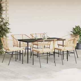 Conjunto jantar jardim 7 peças almofadas vidro vime PE castanho