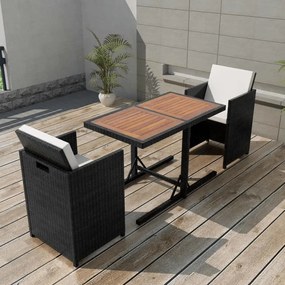 vidaXL 3 pcs conjunto bistrô com almofadões vime PE preto
