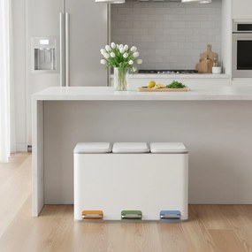 Caixote do lixo com 3 baldes internos de 15 L, 60,5 x 38,8 x 42,7 cm caixote do lixo com pedal em aço, cozinha Branco