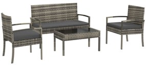 Outsunny Conjunto Móveis de Jardim de 4 Peças em Vime Sintético com 2 Poltronas 1 Sofá de 2 Lugares e 1 Mesa de Centro Cinza | Aosom Portugal