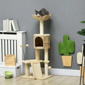 Arranhador  para gatos com 116 cm de altura, com casinha, cesto, plataformas, pompons de pelúcia e jacintos de água - bege