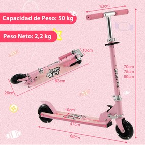 Trotinete dobrável para crianças com 2 rodas intermitentes Guiador ajustável Sistema de travão traseiro Rosa