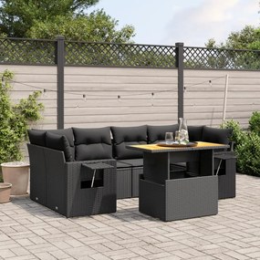 7 pcs conjunto de sofás p/ jardim c/ almofadões vime PE preto