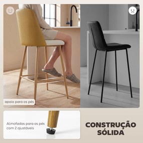 Conjunto de Bancos Altos de Cozinha com Encosto e Descanso para os Pés Revestidos em Linho e PU Estrutura de Aço Castanho
