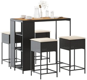 5 pcs conjunto de bar p/ jardim c/ almofadões vime PE preto