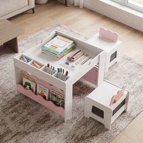 Conjunto de Mesa e 2 Cadeiras Infantis, 66 x 64 x 48 cm, Tabuleiro Reversível, Rosa