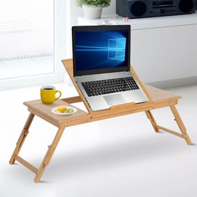 Mesa de computador portátil Bandeja de cama de bambu Dobrável Reclinável Altura Ajustável Apoio Mesa colo 1 Gaveta 72x35x22-30 cm
