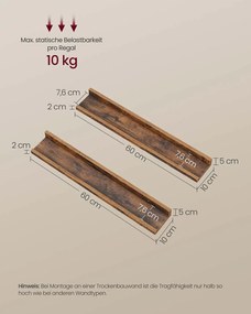Conjunto de 2 prateleiras de parede 10 x 60 x 5/2 cm castanho vintage
