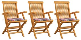 vidaXL Cadeiras de jardim c/ almofadões xadrez vermelho 3 pcs teca