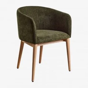 Cadeira De Jantar Estofada Bunia Com Braços Madeira Natural & Tecido Chenille Verde Sálvia - Sklum