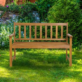 Banco de jardim de madeira de acácia de 2 lugares com encosto e braços Assento de ripas Carga 360 kg para pátio 123 x 56,5 x 86 cm Natural