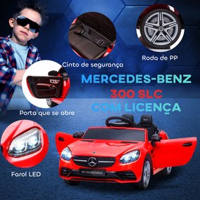 Carro Elétrico Mercedes SLC 300 12V com Controlo Remoto Faróis LED Música TF USB e Abertura da Porta 3-5km/h 107x62,5x44 cm Vermelho