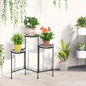 Suporte de Metal para Plantas Dobrável Suporte para Flores com 3 Prateleiras com Bordas de Azulejo para Decoração de Interiores e Exteriores 60x22x65c