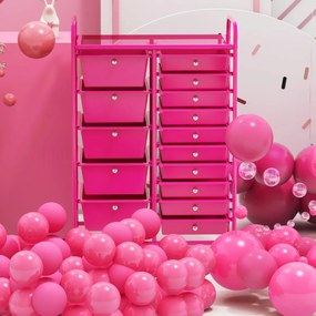 Carrinho de armazenamento multifuncional 63x37x87 cm com 15 gavetas coloridas, estrutura metálica e rodas bloqueáveis para casa e escritório, rosa