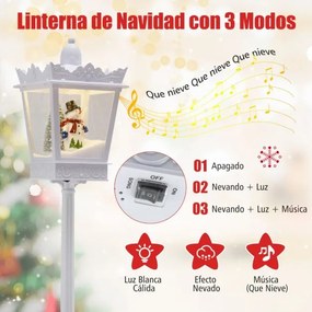 Candeeiro musical natal com 185 cm de altura com luzes LED brancas quentes Efeitos de neve Base recarregável Branco