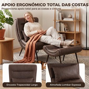 Poltrona retro com apoio para os pés, revestimento em leathaire, assento largo e almofada lombar, castanho-escuro