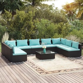 vidaXL 10 pcs conjunto lounge de jardim c/ almofadões vime PE preto