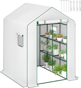 Estufa de jardim 140 x 143 x 190 cm com 1 porta, 2 janelas e prateleiras de 3 níveis para legumes, plantas e flores; cobertura em PE branca
