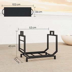 Porta-lenha 53 x 33 x 43 cm com saco de transporte e pegas para uso interior, em metal resistente, , preto