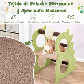 Arranhador moderno para gatos de interior com 2 níveis, bola giratória para arranhar, tecido felpudo e suporte para trepar verde e bege