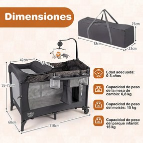 Berço Parque para Bebé 4 em 1, 110 x 68 x 55-75 cm, Dobrável, Cinzento