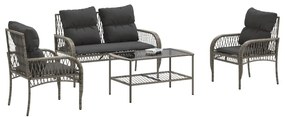4 pcs conjunto sofás de jardim c/ almofadões vime PE cinzento