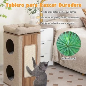 Casa para gatos de 3 andares 38 x 38 x 77,5 cm com tabuleiro para arranhar, 2 esconderijos e poleiro superior –  – Natural e bege