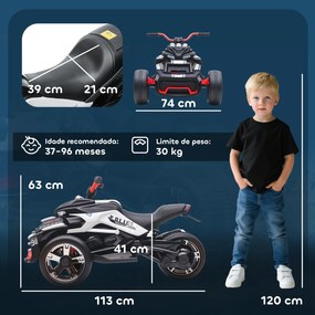 Mota elétrica para Crianças 12V com 2 Motores Velocidade até 5 km/h 3 Rodas Faróis Buzina Música 113x74x63 cm Preto e Branco