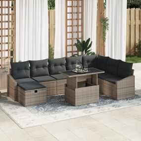 Conjunto de Sofás de Jardim de 9 Peças com Almofadas Cinza Vime Poliés