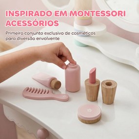 Toucador Infantil de Maquilhagem com Banco Espelhos Giratórios Gaveta e Acessórios e Bandejas Rosa +3 Anos