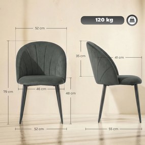 Conjunto de 2 Cadeiras de Jantar em Concha (MESA NÃO INCLUIDA), 52 x 55 x 79 cm, Almofadadas, Cinzento