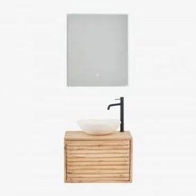 Conjunto De Móveis De Banheiro De Madeira Suspensos Deleyna Madeira Natural & Cimento Redondo Branco Ø40 Cm Zavion & Led - Sklum