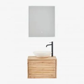 Conjunto De Móvel De Casa De Banho Suspenso Em Madeira Deleyna Madeira Natural & Cimento Redondo Branco Ø40 Cm Zavion & Led - Sklum