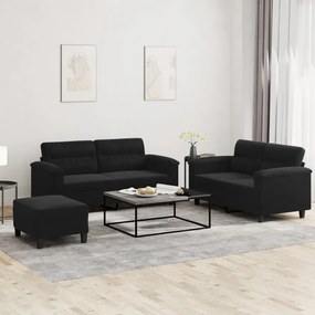 3 pcs conj. sofás c/ almofadões tecido de microfibra preto