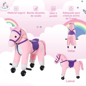 Cavalo para Crianças acima de 36 Meses com Rodas Sons de Relinchar e Pedais Carga 60 kg 55x23x60 cm Rosa