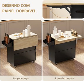 Ilha de Cozinha com Rodas com Lateral Dobrável Gaveta Suporte para Temperos e Prateleira Ajustável 106x42x87 cm Preto e Carvalho