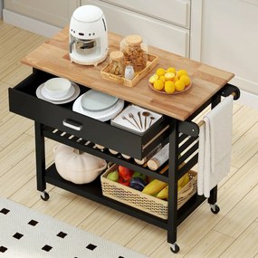 Carrinho de cozinha 106 cm x 50 cm x 89 cm com bancada de madeira, gaveta, 2 prateleiras abertas, barra para pendurar e rodas com travão, natural e pr