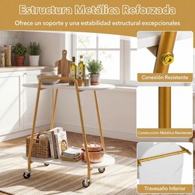 Mesa apoio com rodas 60 x 33,5 x 68,5 cm, 2 prateleiras, tampo em imitação de mármore, rodas com travão, Estrutura metálica, para quarto, cozinha ou s