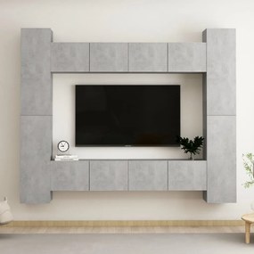 8 pcs conjunto de móveis de TV contraplacado cinzento cimento