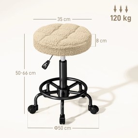 Banco Giratório Cosmetica Redondo Banco com Rodas Altura Regulável 50-66 cm Assento Estofado em Tecido tipo Borreguito Castanho Claro