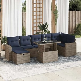 8 pcs conj. sofás jardim c/ almofadões vime PE/acácia castanho