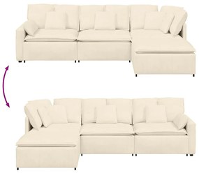 Sofá modular com pufes e almofadas tecido corduroy creme