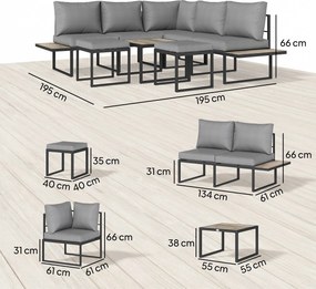 Conjunto de jardim para 6 pessoas, modular, com mesa baixa e extensões laterais em madeira PSPC e almofadas grossas de 10 cm, cinzentas