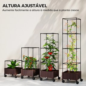 Floreira com Treliça e Rodas com Drenagem para Cultivo de Vegetais Flores e Ervas Aromáticas 40x40x165 cm Castanho