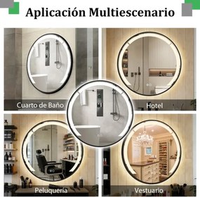 Espelho de banho LED redondo de 60 cm com moldura de alumínio e função antiembaciamento 3 cores de luz e brilho preto