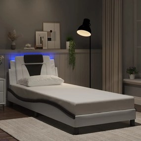 Estrutura cama c/ luzes LED 90x200cm couro artif. branco/preto